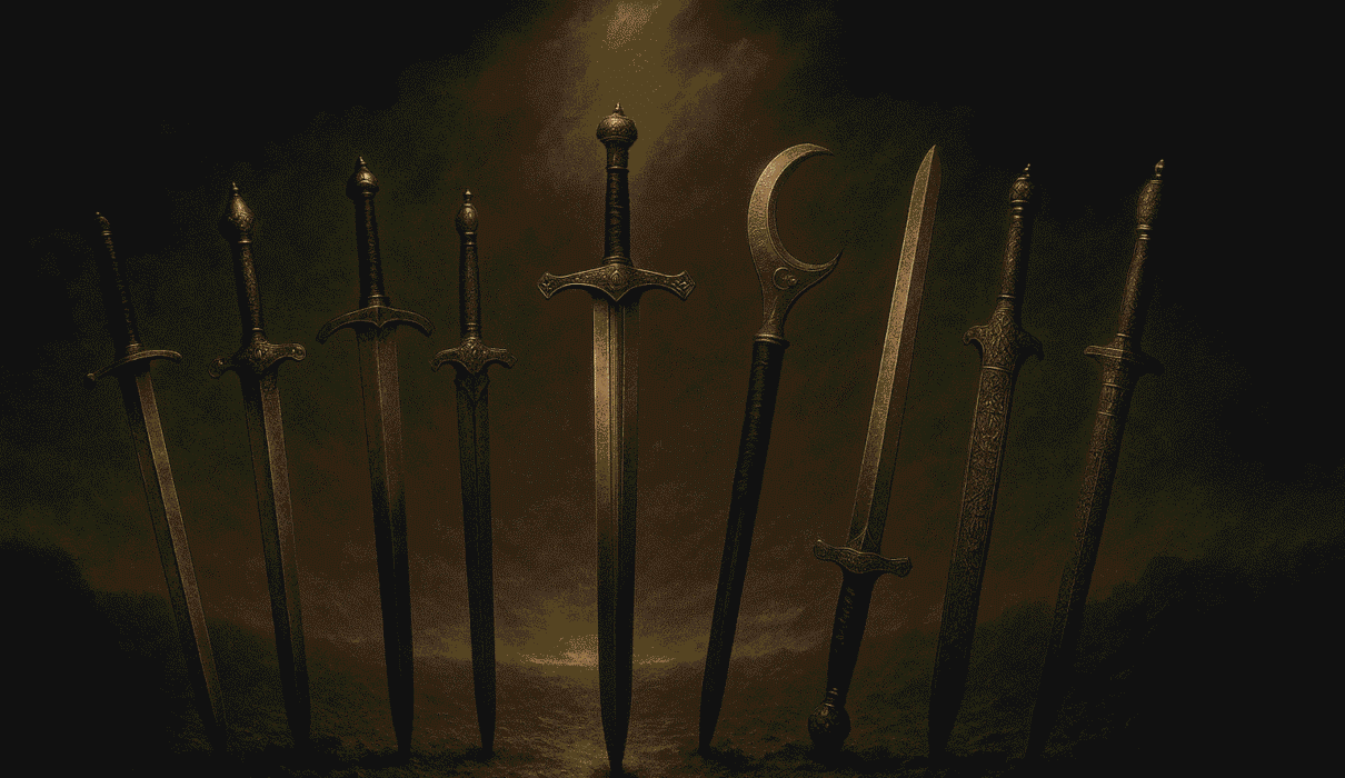 Dramatic digital illustration of nine famous historical swords including Excalibur, Joyeuse, Honjō Masamune, Wallace Sword, Zulfiqar, Durandal, Kusanagi-no-Tsurugi, Ulfberht, and the Sword of Goujian arranged in a semi-circle on a smoky battlefield under golden light.