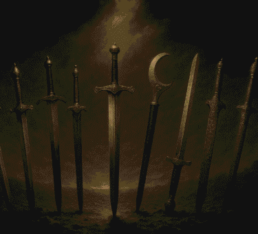 Dramatic digital illustration of nine famous historical swords including Excalibur, Joyeuse, Honjō Masamune, Wallace Sword, Zulfiqar, Durandal, Kusanagi-no-Tsurugi, Ulfberht, and the Sword of Goujian arranged in a semi-circle on a smoky battlefield under golden light.