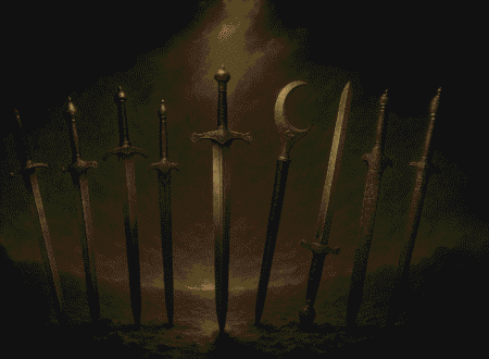 Dramatic digital illustration of nine famous historical swords including Excalibur, Joyeuse, Honjō Masamune, Wallace Sword, Zulfiqar, Durandal, Kusanagi-no-Tsurugi, Ulfberht, and the Sword of Goujian arranged in a semi-circle on a smoky battlefield under golden light.