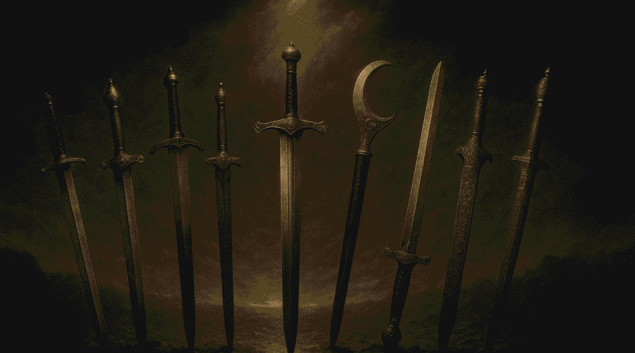 Dramatic digital illustration of nine famous historical swords including Excalibur, Joyeuse, Honjō Masamune, Wallace Sword, Zulfiqar, Durandal, Kusanagi-no-Tsurugi, Ulfberht, and the Sword of Goujian arranged in a semi-circle on a smoky battlefield under golden light.