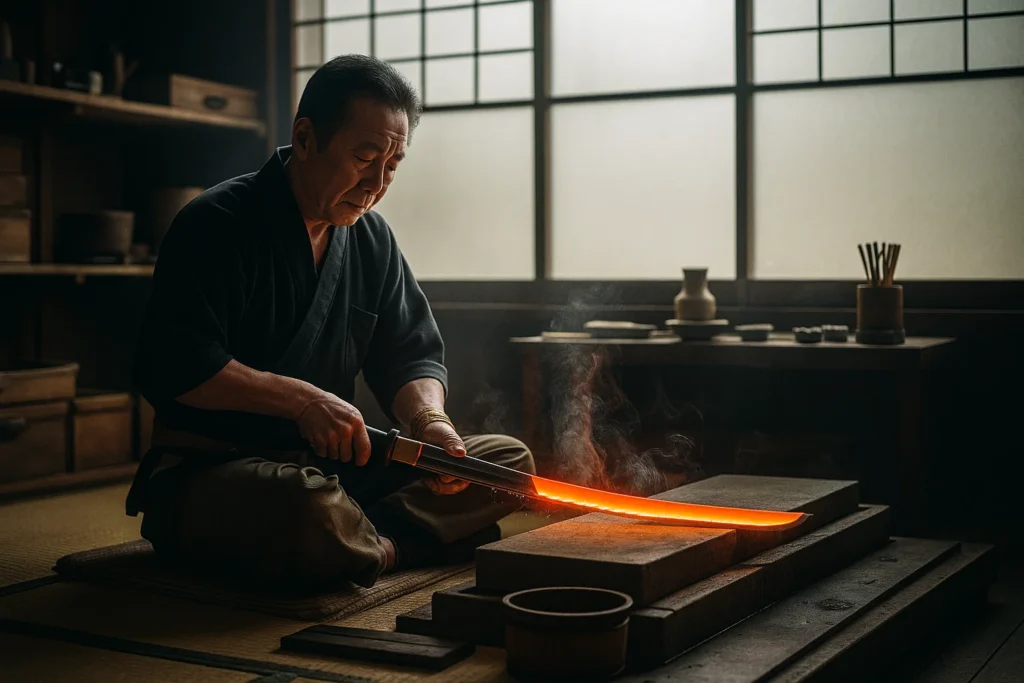 A skilled togishi polisher sits in a quiet worksho