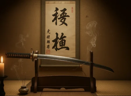 Japanese katana displayed on a wooden stand