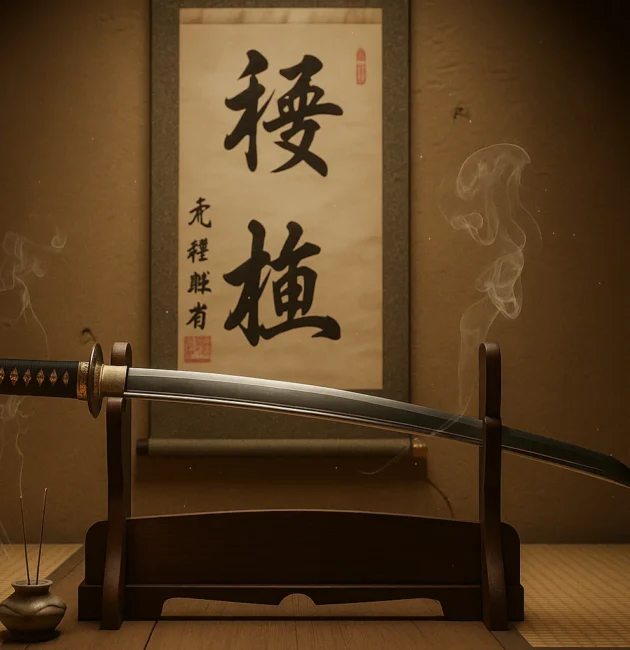 Japanese katana displayed on a wooden stand