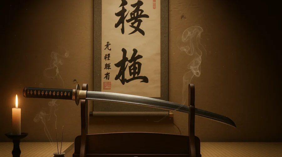 Japanese katana displayed on a wooden stand