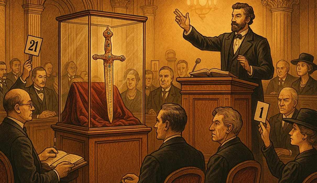 The most expensive sword ever sold displayed in a glass case at an auction with collectors bidding