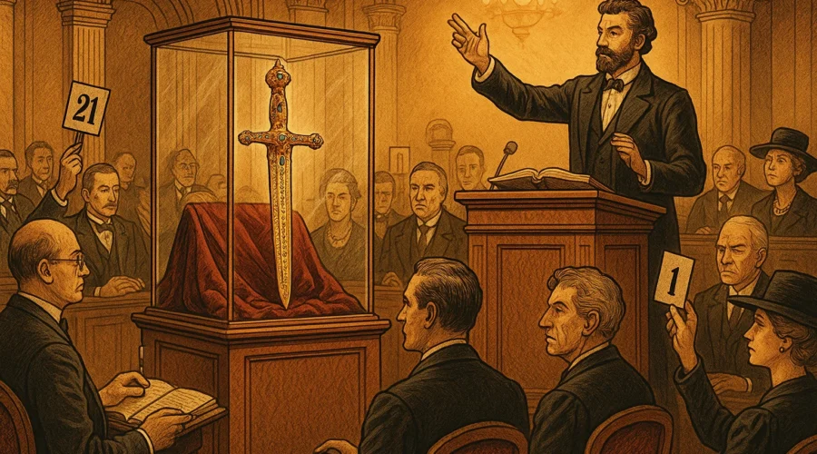The most expensive sword ever sold displayed in a glass case at an auction with collectors bidding
