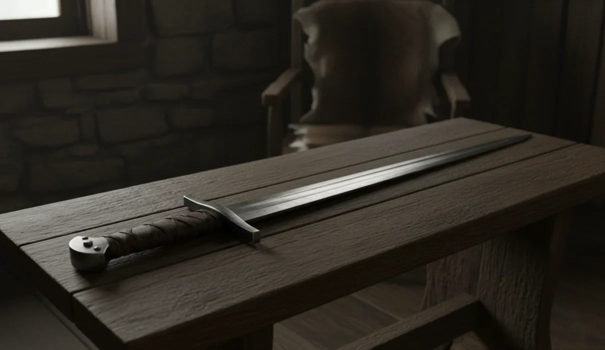 A realistic Viking sword lying on a wooden table, straight double edged blade with a wide fuller, short iron guard, and a lobed pommel, soft natural light, dark Nordic atmosphere, high detail metal texture, historical accuracy, cinematic realism, no fantasy elements, 4k quality