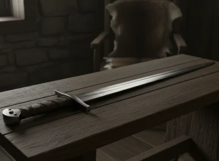 A realistic Viking sword lying on a wooden table, straight double edged blade with a wide fuller, short iron guard, and a lobed pommel, soft natural light, dark Nordic atmosphere, high detail metal texture, historical accuracy, cinematic realism, no fantasy elements, 4k quality
