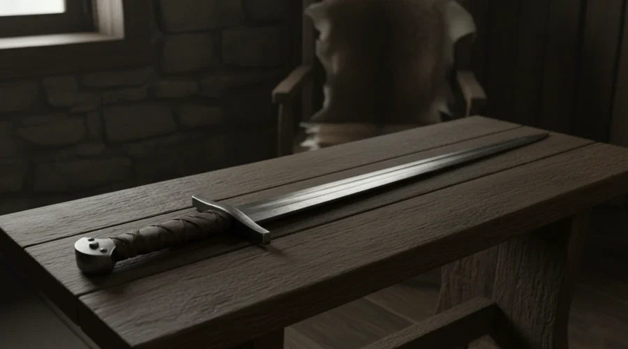 A realistic Viking sword lying on a wooden table, straight double edged blade with a wide fuller, short iron guard, and a lobed pommel, soft natural light, dark Nordic atmosphere, high detail metal texture, historical accuracy, cinematic realism, no fantasy elements, 4k quality