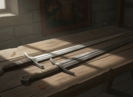 Two swords placed side by side on a wooden table, one razor sharp shining blade and one blunt training sword with thick edge, dramatic lighting, realistic style, high detail, medieval theme