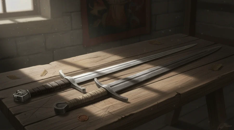 Two swords placed side by side on a wooden table, one razor sharp shining blade and one blunt training sword with thick edge, dramatic lighting, realistic style, high detail, medieval theme