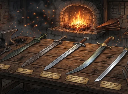A highly detailed illustration showing different metals used in sword making displayed side by side on a wooden workshop table, including bronze sword, iron sword, carbon steel sword, Damascus steel blade with visible patterns, and stainless steel sword, labeled with small tags, blacksmith tools around the table, forge glowing in the background, sparks in the air, realistic lighting, educational infographic style, ultra detailed, 4k