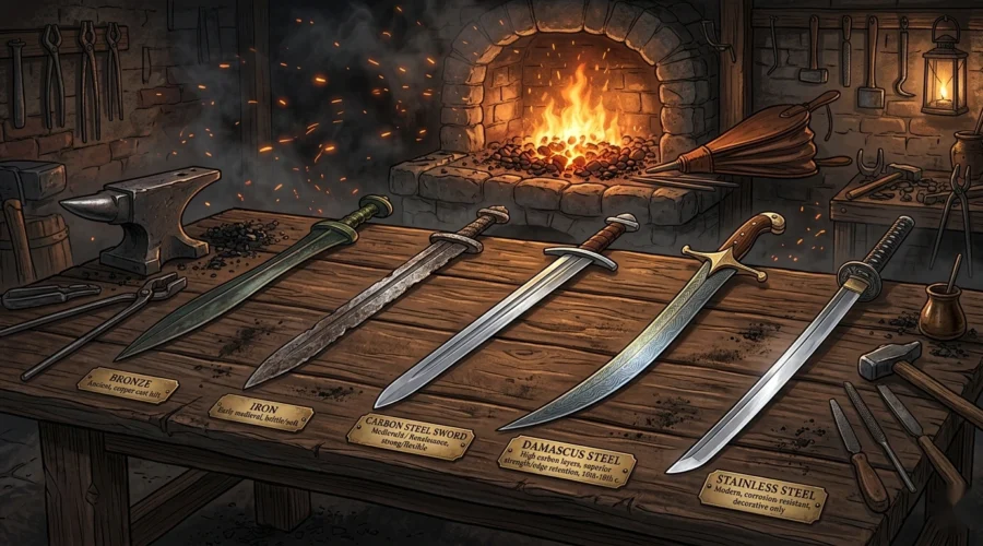A highly detailed illustration showing different metals used in sword making displayed side by side on a wooden workshop table, including bronze sword, iron sword, carbon steel sword, Damascus steel blade with visible patterns, and stainless steel sword, labeled with small tags, blacksmith tools around the table, forge glowing in the background, sparks in the air, realistic lighting, educational infographic style, ultra detailed, 4k